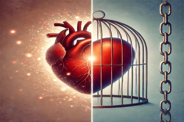 صورة توضيحية تُظهر لفرق بين الحب والتعلق في علم النفس، مع تصميم يحتوي على نص عربي بأسلوب جذاب، حيث يتم عرض تعريفات مختصرة لكل من الحب والتعلق مع رموز أو رسوم تعبيرية مميزة، مثل قلب يرمز إلى الحب وسلسلة تشير إلى التعلق